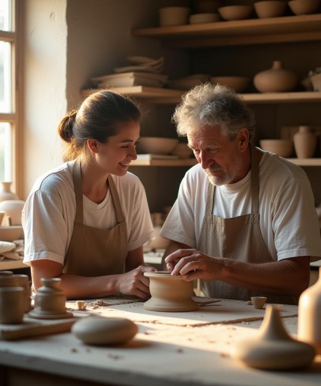 Due artigiani che discutono un pezzo di ceramica grezza nel loro laboratorio luminoso a Napoli, con vasi e attrezzi sullo sfondo.